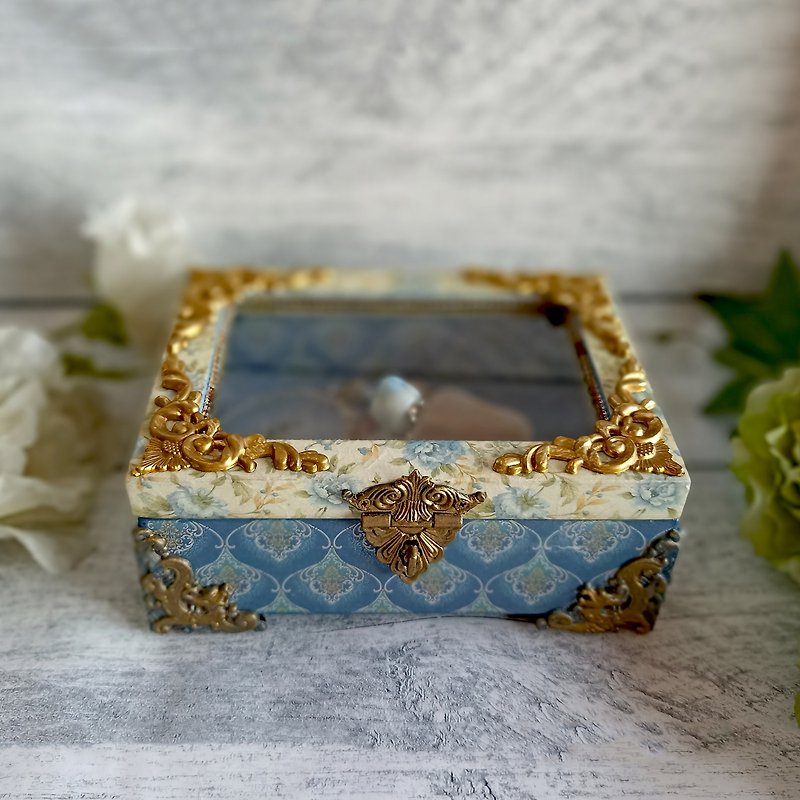 Blue Jewelry Box, Chinoiserie-style box, box with dragons,Proposal ring box - Storage - Wood Blue