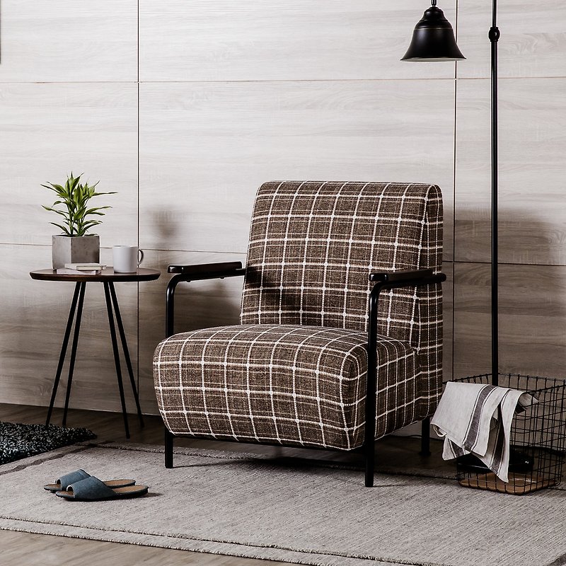 Nordic Retro Wooden Armrest Retro Plaid Single Cloth Sofa