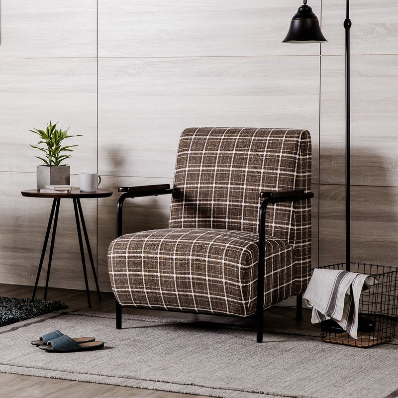 Nordic Retro Wooden Armrest Retro Plaid Single Cloth Sofa - เก้าอี้โซฟา - โลหะ สีนำ้ตาล