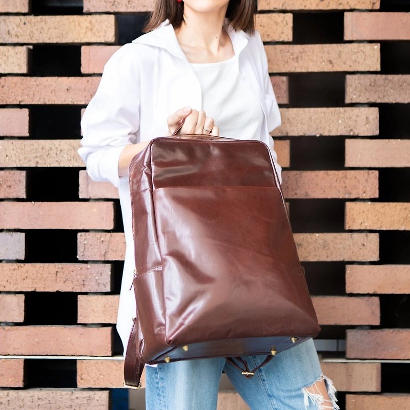 Genuine Leather Business Backpack Waterproof Water Resistant Cowhide Backpack Rucksack Bag Bag [Brown] HAB013