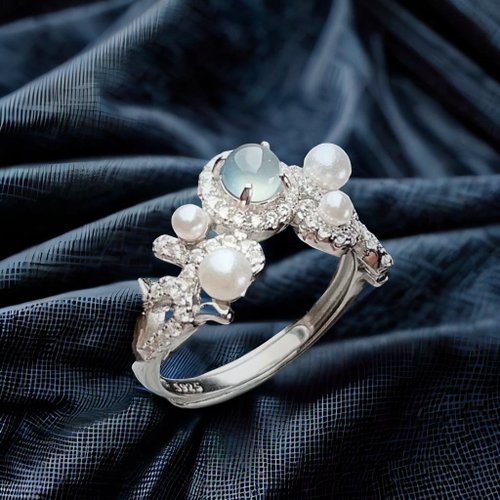 瓔珞珠寶盒 E.L.Jewelry Box 冰種翡翠蛋面珍珠設計款戒指 925純銀鑲嵌 | 天然翡翠A貨 | 送禮