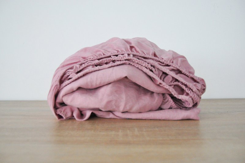 亞麻 床包/寢具 粉紅色 - Rose pink linen fitted sheet / Softened linen bed sheet / Deep pocket