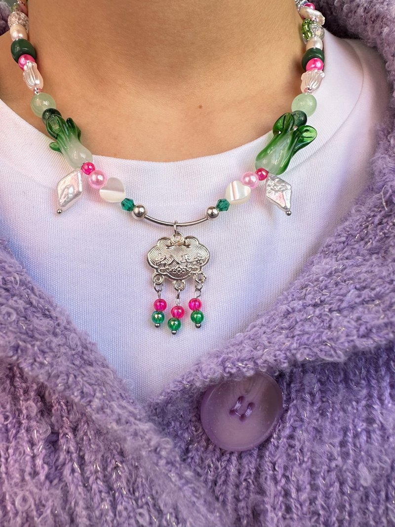 【熱賣】中式 純銀 玻璃 水晶 白菜淡水珍珠項鍊 | Y2K 千禧風飾 - 頸鏈 - 珍珠 