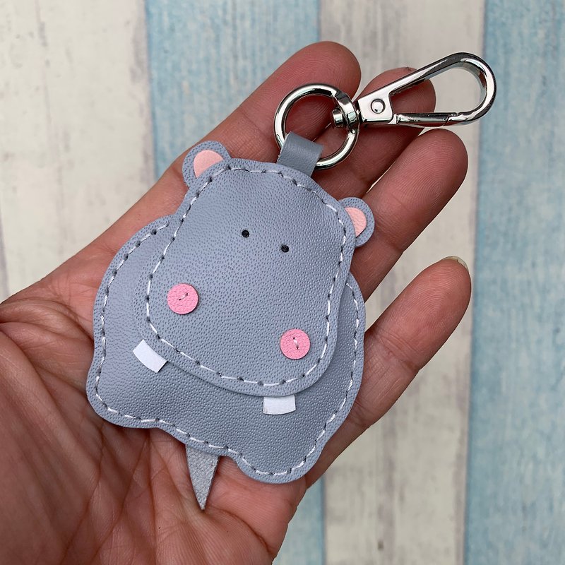 Light gray cute hippo hand-stitched leather keychain small size - Keychains - Genuine Leather Silver