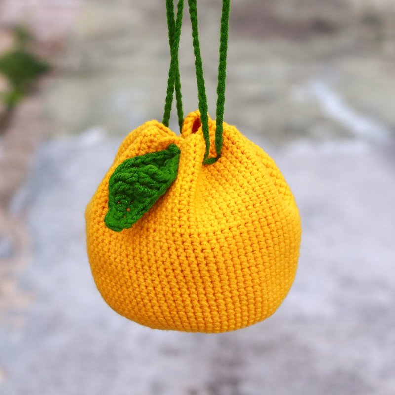 花樣束口手提鉤織編織包 - 柚子 - 水桶袋/索繩袋 - 棉．麻 黃色
