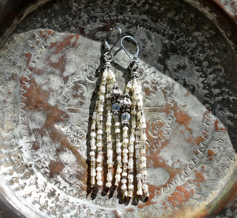 Four-Strand Earrings with Vintage Aurora Czech Beads, Karen Silver, Gooseberries, and French/Italian Vintage Beads - ต่างหู - แก้ว ขาว