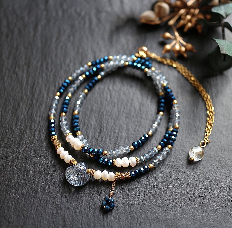 不鏽鋼玻璃珍珠三層調節式手鍊項鍊兩用鍊藍色 - 手鍊/手環 - 玻璃 藍色