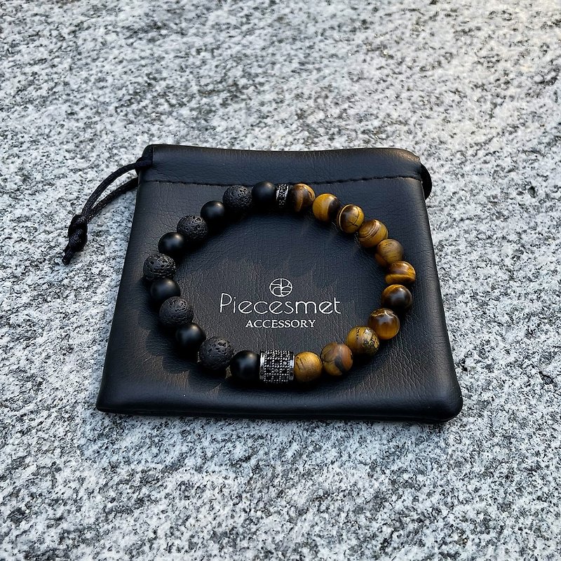 Elastic bracelet made with multi-stone beads and CZ ring charm - สร้อยข้อมือ - เครื่องประดับพลอย สีดำ