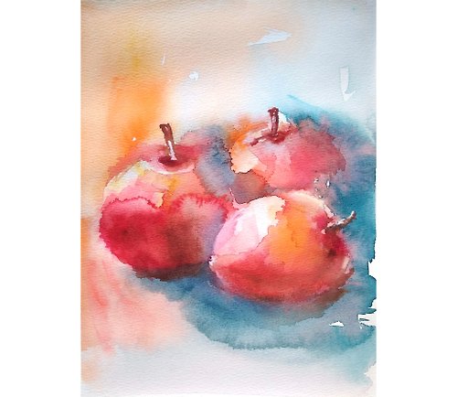ColoredCatsArt Apples Original Watercolor, Still-life Artwork, Fruit Wall Art. 手工水彩, 原创水彩