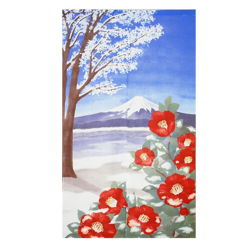 Japan-made コスモlong noren curtain Mt. Fuji winter camellia - ม่านและป้ายประตู - ไฟเบอร์อื่นๆ 