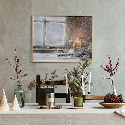 菠蘿選畫所 平安夜的燭光 - 雪中融燭窗景聖誕掛畫/平安夜裝飾/交換禮物