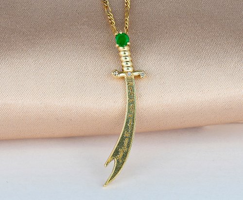 Daizy Jewellery Solid 14 K Gold Zulfiqar sword pendant with emerald and diamonds