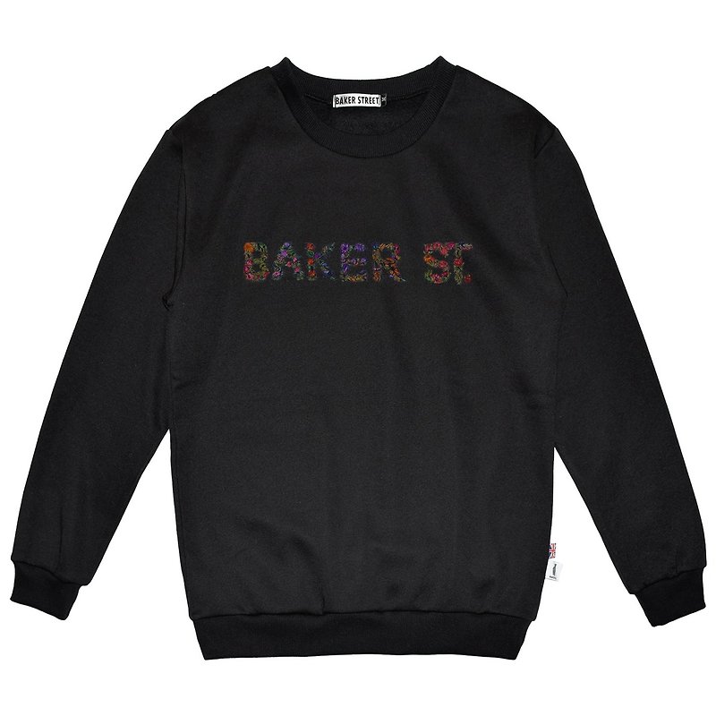 British Fashion Brand -Baker Street- Floral Letters Printed Sweatshirt - Unisex Hoodies & T-Shirts - Cotton & Hemp Black
