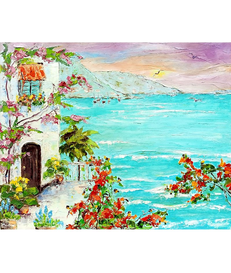 ソレント絵画イタリアオリジナルアート厚塗り油絵16x20イタリア - ウォールデコ・壁紙 - その他の素材 ブルー