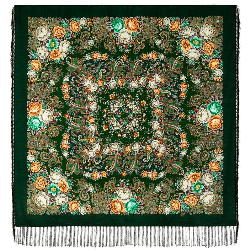 Pavlovo Posad Russian Shawl 100% Wool Scarf 125x125 cm Wrap Silk Fringe 1824-9 - Scarves - Wool Multicolor