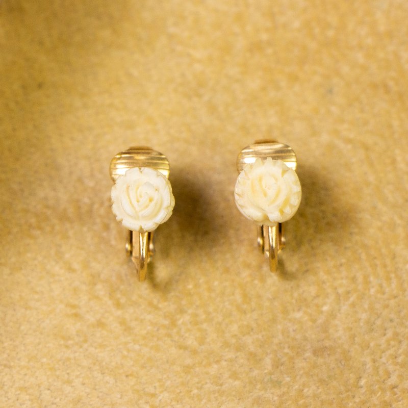 American Antique Milky White Bone Carving Small Rose Gold Plated Clip-On Earrings
