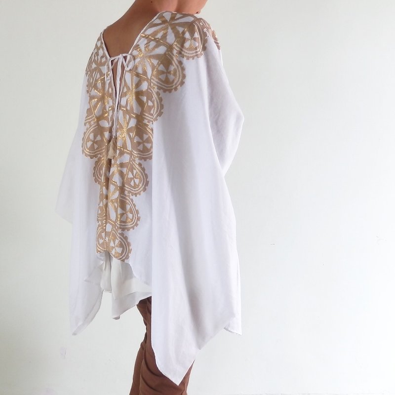 棉．麻 女上衣/長袖上衣 白色 - Woodblock print / poncho type tops