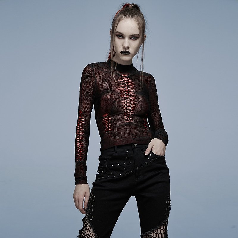 Gothic spider psychic grid see-through top-red / black