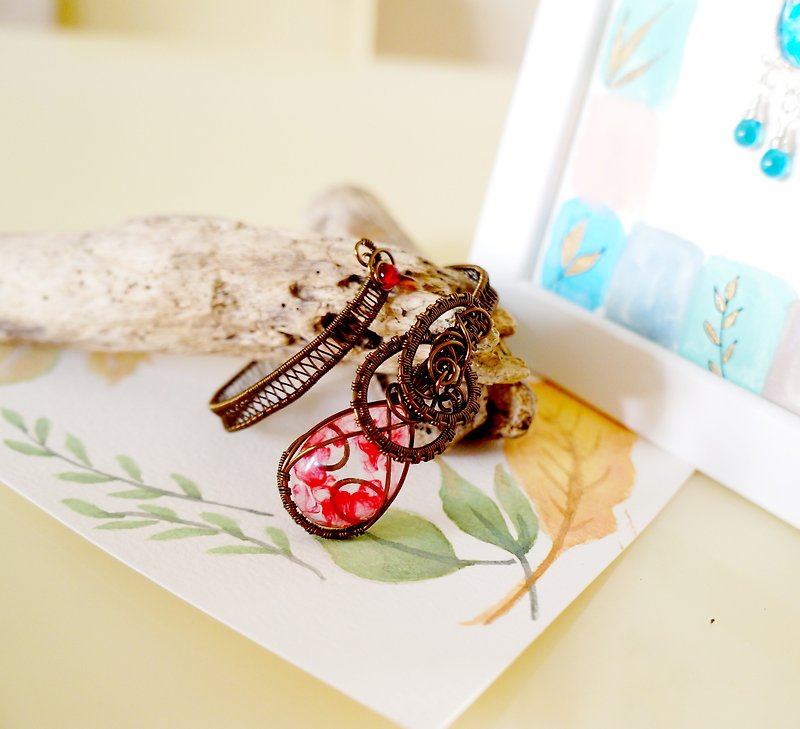 Customized gift丨Bohemian bracelet - metal wire weaving custom-made can be changed to natural stone - Bracelets - Copper & Brass Red