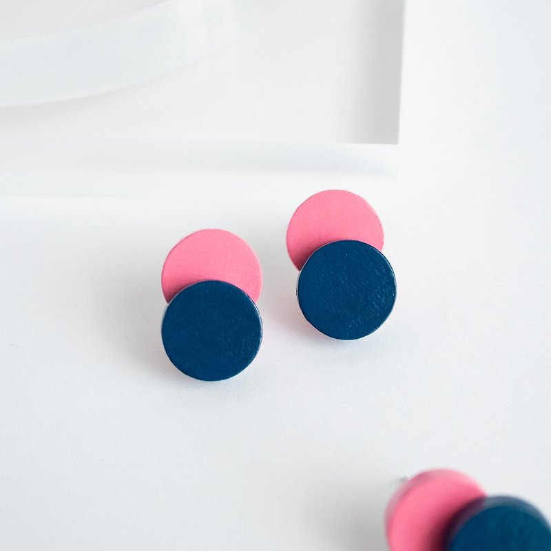 Double Circle Earrings Navy x Pink - Earrings & Clip-ons - Wood Pink