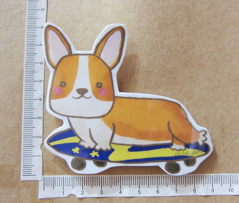 Hand-painted illustration style completely waterproof sticker corgi dog skating yellow corgi