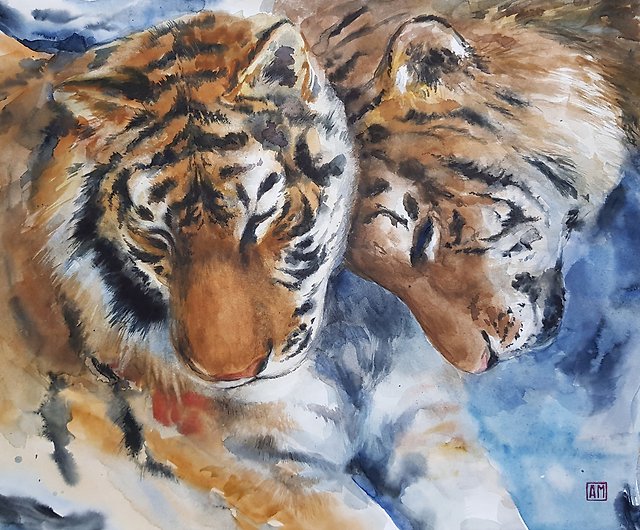 虎の家族アートワーク手描き水彩画紙に - ショップ Arina Morozova 