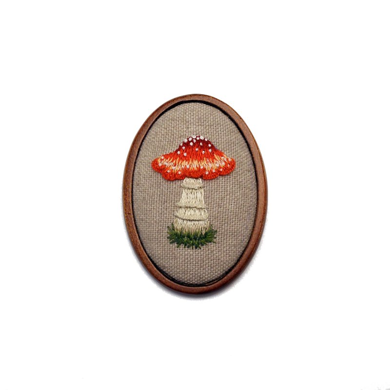 Hand Embroidered Mushroom Wooden Pin - Brooches - Cotton & Hemp Red