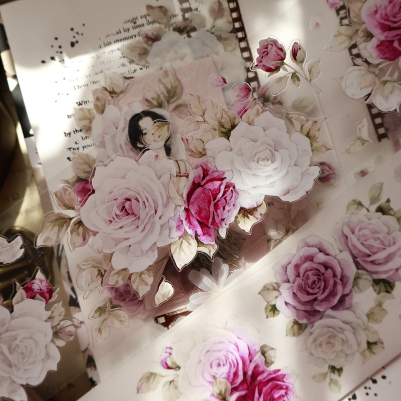 壹洱文創新品切模【星河紫】和紙膠帶月季花手賬PET貼紙 - 紙膠帶/和紙/PET - 其他材質 黑色