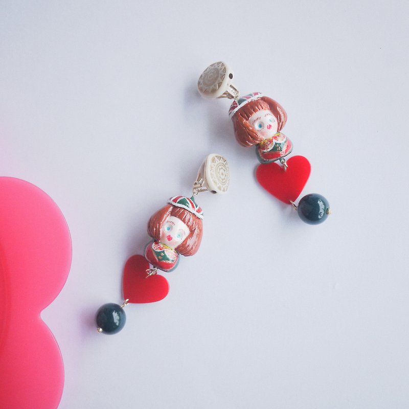 Clay hand-made winter girl with love, holiday Christmas earrings and Clip-On