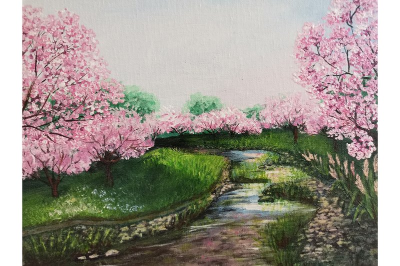 Landscape Blossoming Almond Original Painting Unique Wall Art By RinaArtSK - Wall Décor - Other Materials Pink