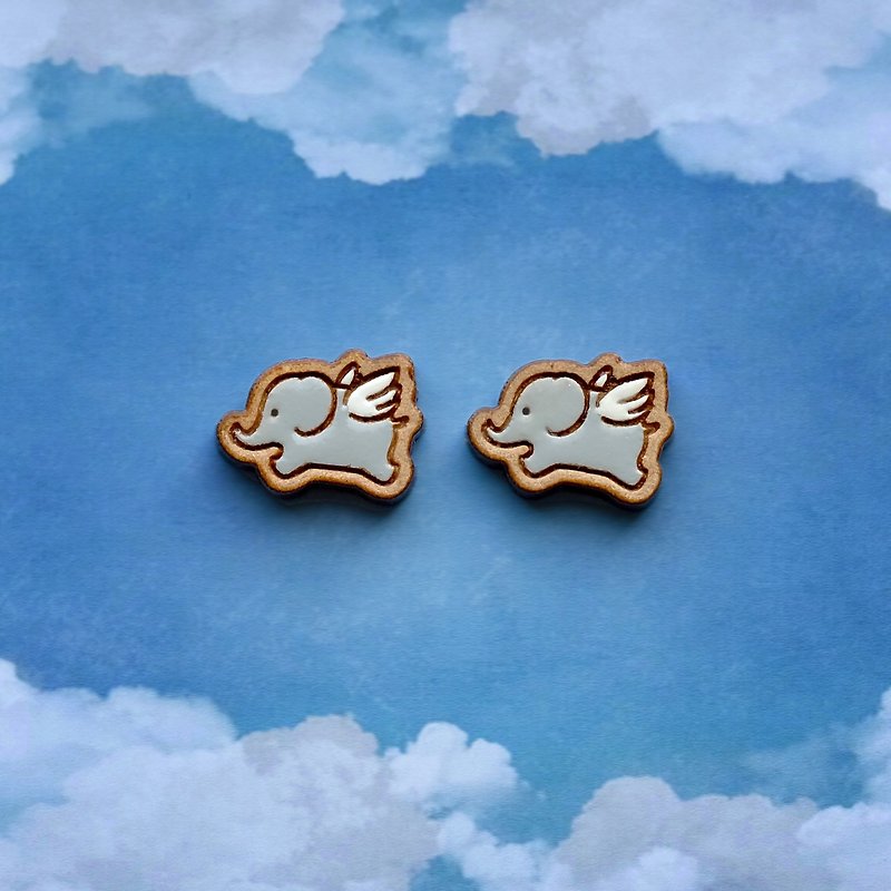Painted wood earrings-Flying Elephant - Earrings & Clip-ons - Wood Gray