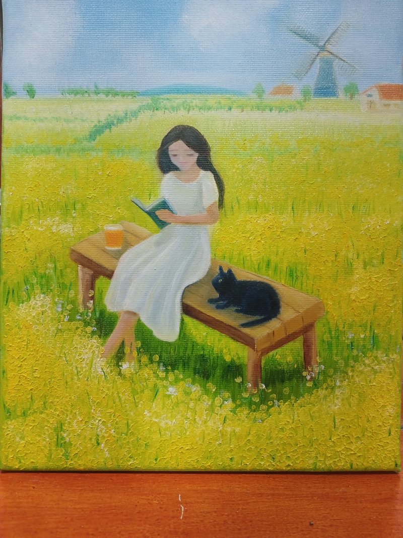 Oil painting on canvas: Girl reading book with black cat - 壁貼/牆壁裝飾 - 棉．麻 