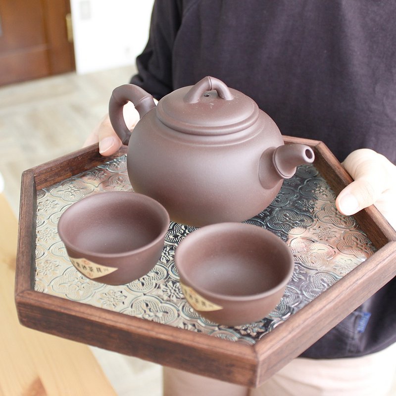 Begonia Flower lover Tray Vintage Shaped Glass Wood Tray Hexagonal 26cm x 23cm - ถาดเสิร์ฟ - แก้ว สีนำ้ตาล