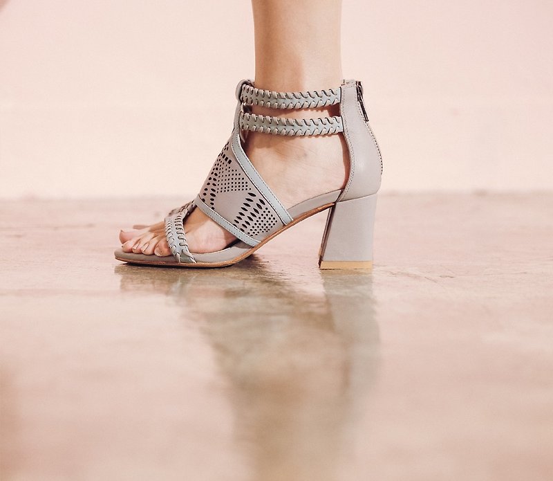 Woven pierced hollow stiletto sandals gray blue - High Heels - Genuine Leather Gray
