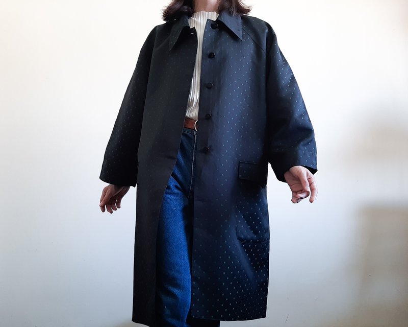 GENNY BY VERSACE 復古絲綢聚酯圓點大衣 義大利製造 60 年代風格 - 女大衣/外套 - 聚酯纖維 黑色