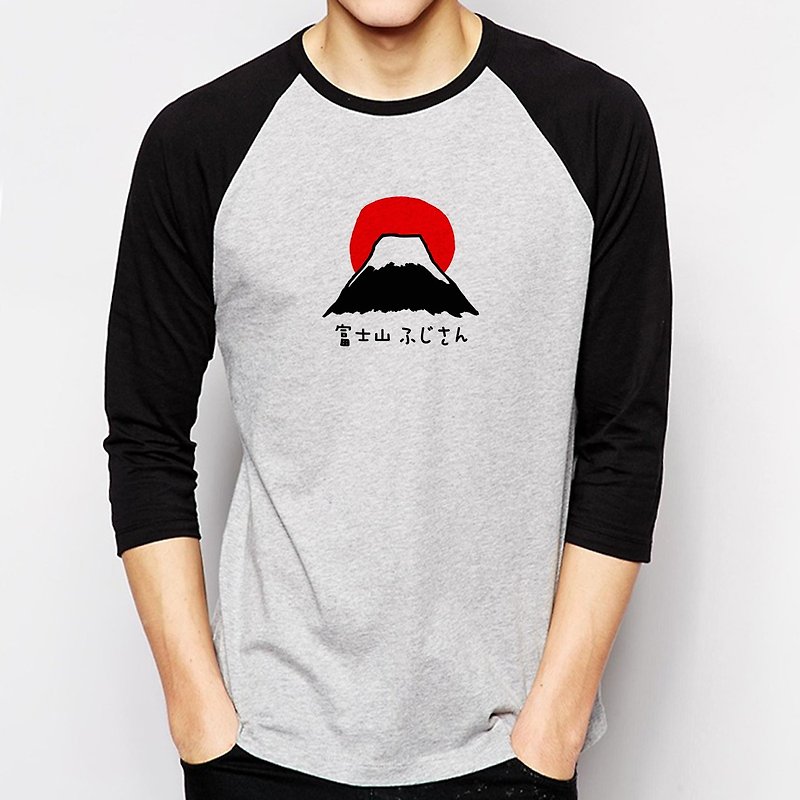 Cotton & Hemp Men's T-Shirts & Tops Gray - 富士山 #1 Mt Fuji unisex 3/4 sleeve gray/black t shirt