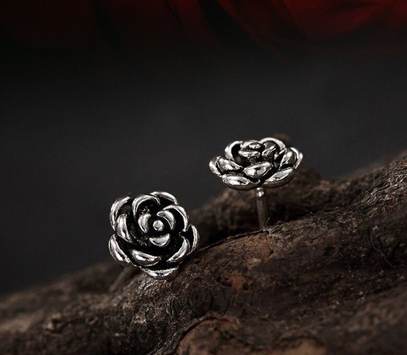 Real 925 Sterling Silver Natural Handmade Rose Flower Stud Earrings Women - Earrings & Clip-ons - Sterling Silver Silver