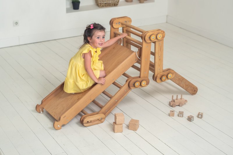 蛇梯 + 溜滑梯/爬坡坡道 蒙特梭利玩具 幼兒攀爬玩具套裝 - 兒童家具 - 木頭 咖啡色