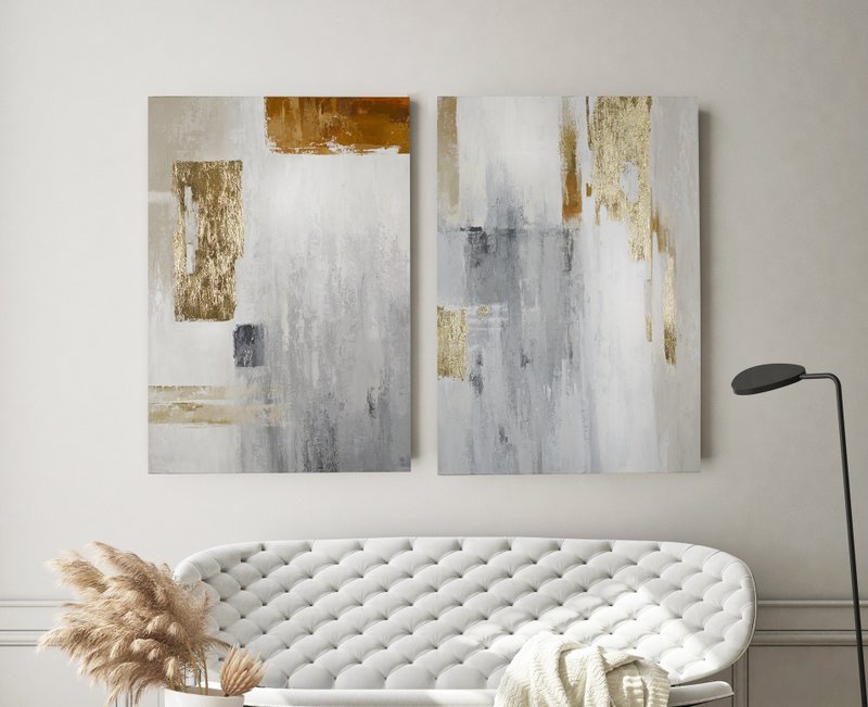Gold Grey Painting| Gold Grey Abstract| GreyGold Set of 2 Paintings| Clarity set - 壁貼/牆壁裝飾 - 棉．麻 灰色