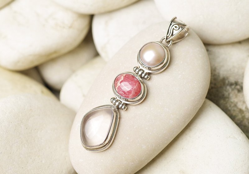 Gemstone Necklaces - Rhodochrosite, Rose Quartz, Freshwater Pearl Pendant Top