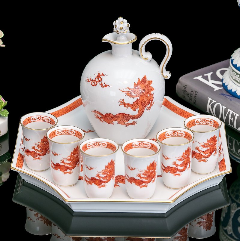 German Meissen hand-painted royal red dragon and Minglong tea tasting cup, wine glass and foreign wine set, 8 pieces set - แก้วไวน์ - เครื่องลายคราม 