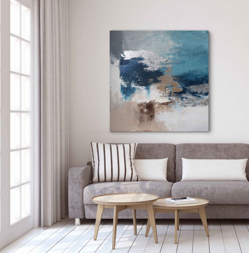 Blue Silver Painting |  Blue Silver Abstract | Blue Silver Wall Art | Wave 3 - 壁貼/牆壁裝飾 - 棉．麻 藍色