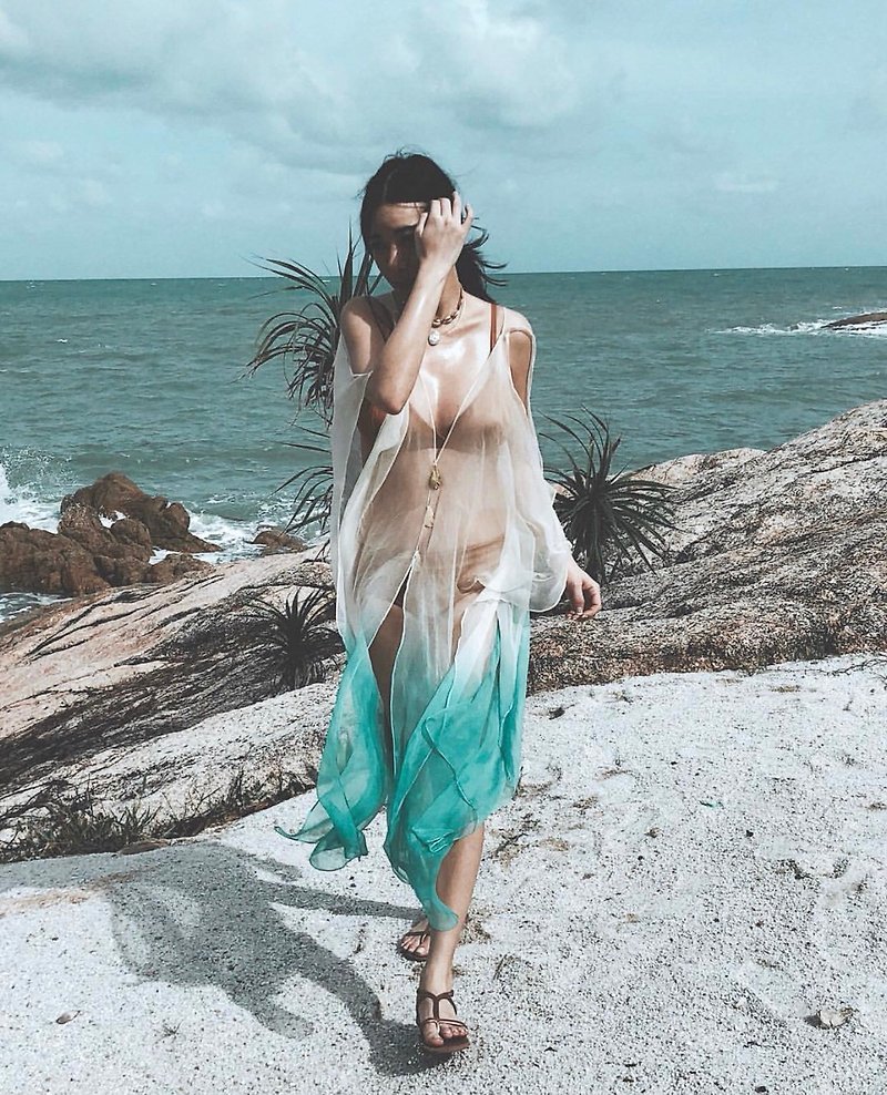 Try beachwear kaftan dress in white-blue - 連身裙 - 聚酯纖維 