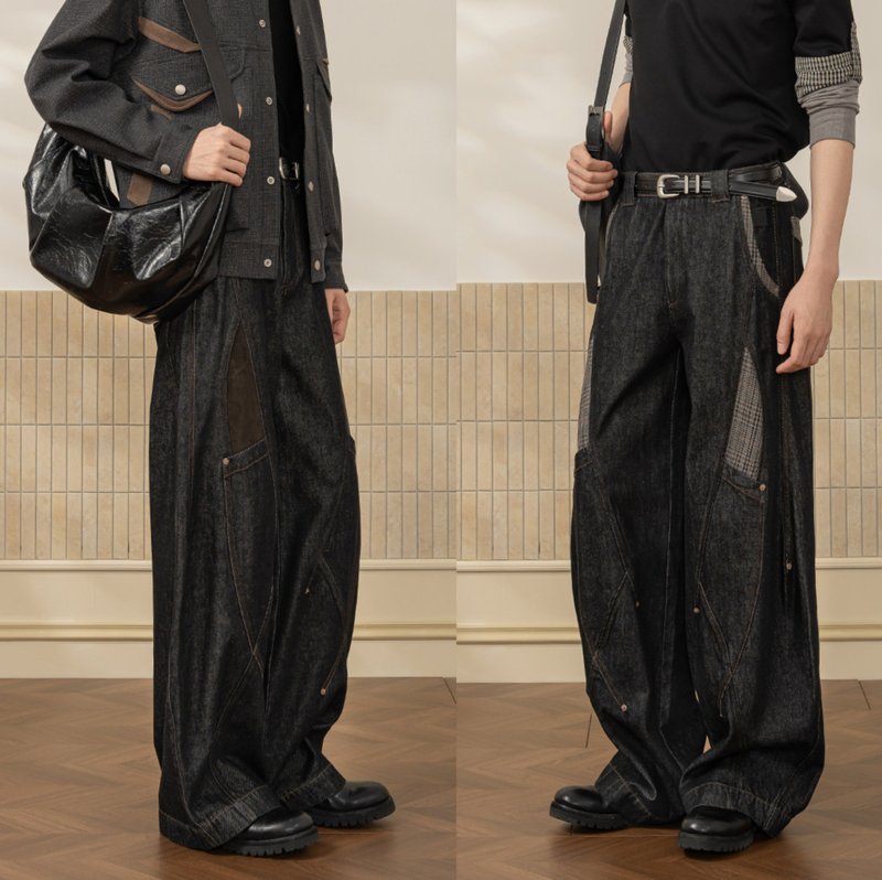 [Reef] Patchwork Studded Selvedge Denim Curved Leg Jeans / Couture Jeans - Men's Pants - Cotton & Hemp Black