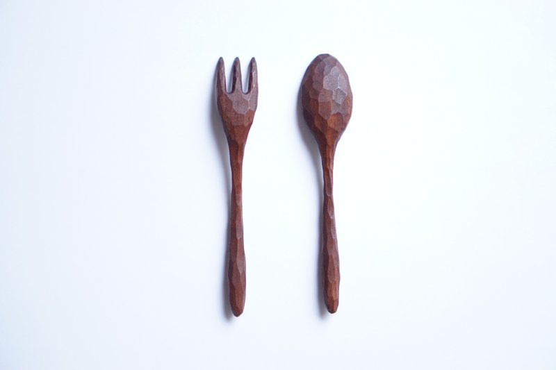 Wooden Rough Carving Spoon, size Small & Fork set, Walnut - ช้อนส้อม - ไม้ 