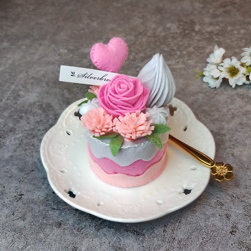silverbreeze 手縫仿真蛋糕 粉紅玫瑰不織布蛋糕 甜點 手工蛋糕 Cake-008