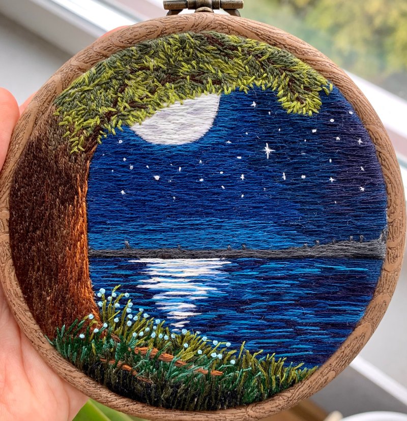 Night Landscape Embroidery Art, Hand Embroidery, Thread Painting - Wall Décor - Thread Multicolor