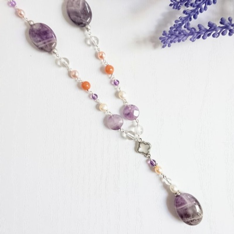 Purple x Orange Natural stone Y-shaped necklace Y-1474 - สร้อยคอ - เครื่องเพชรพลอย 