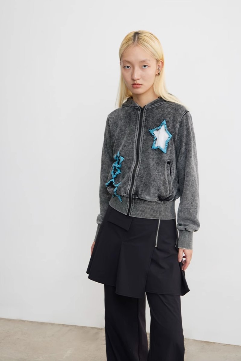 Zip-Front Hooded Sweatshirt 爆炸星星連帽拉鏈衛衣 - 帽T/大學T - 其他材質 灰色