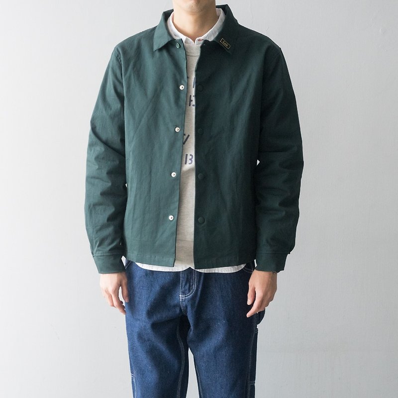 棉．麻 男夾克/外套 綠色 - 【Off-season sale】日系搭配 郵差綠 翻領雙層教練夾克外套